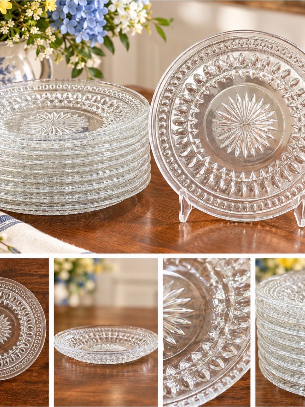 Pressed Glass Starburst Salad Plates (Set of 6) - Clear